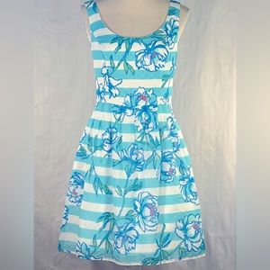 Lilly Pulitzer Aqua and White Striped Floral Fit-and-Flare Dress